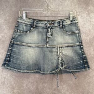 Y2K‎ Hydraulic Ruched Jean Micro Mini Skirt Denim Stonewashed Distressed 7/8